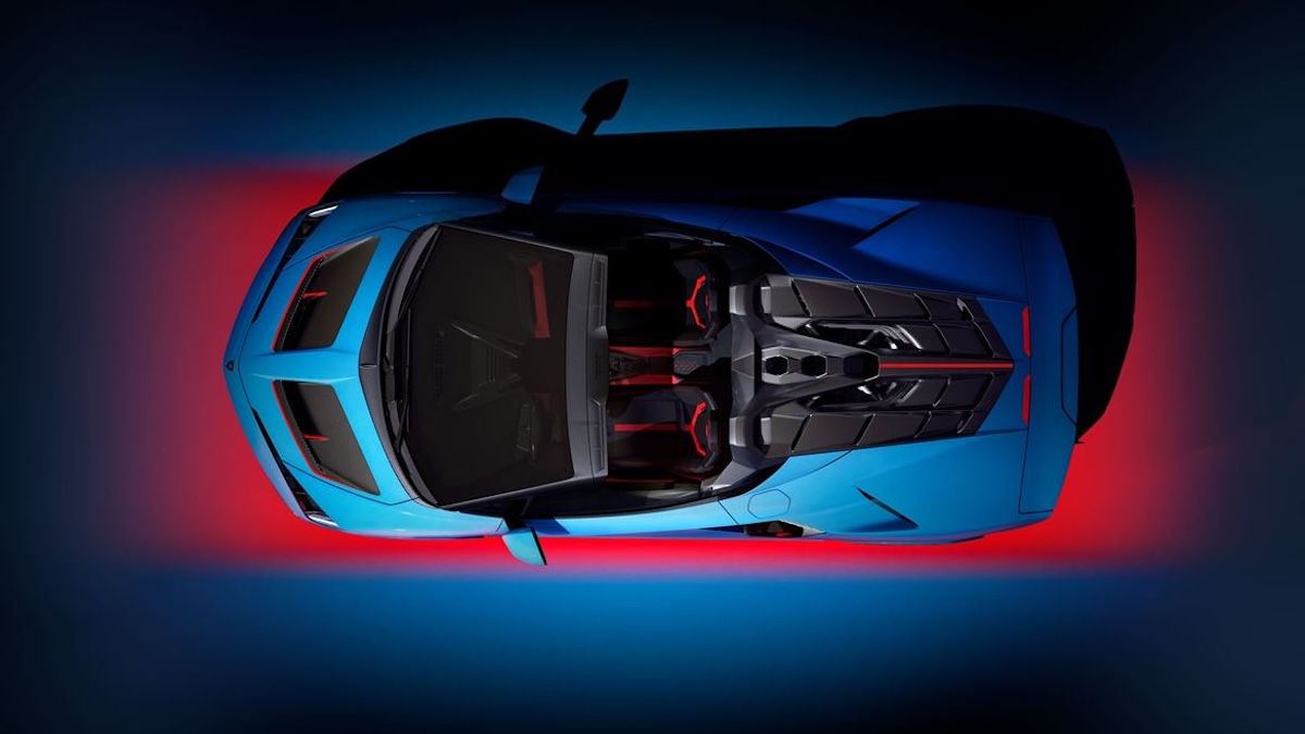 Top-down view of the Lamborghini Fenomeno Roadster revealing the open cockpit and Speedster proportions