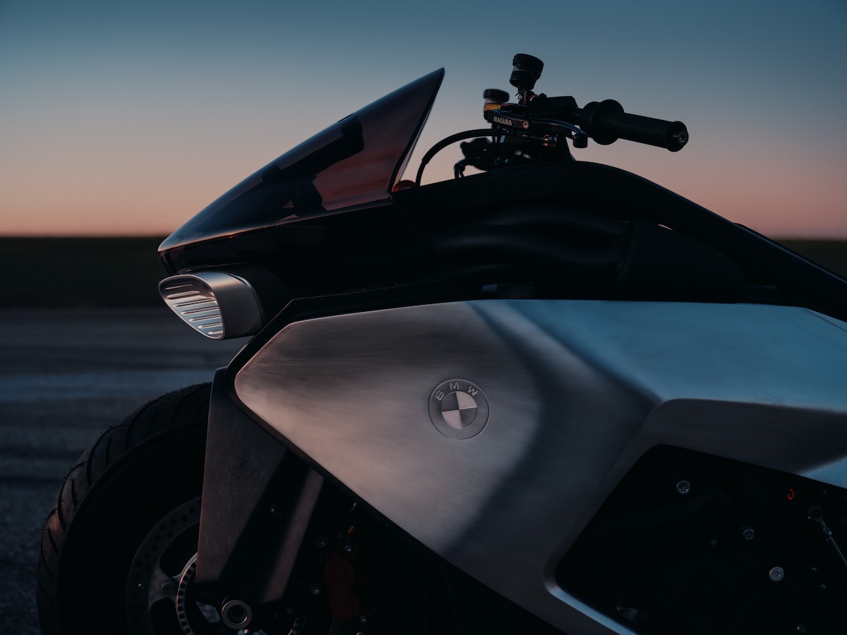 BMW Motorrad Vision K18 detail showing inline six-cylinder architecture and planished aluminum surfaces