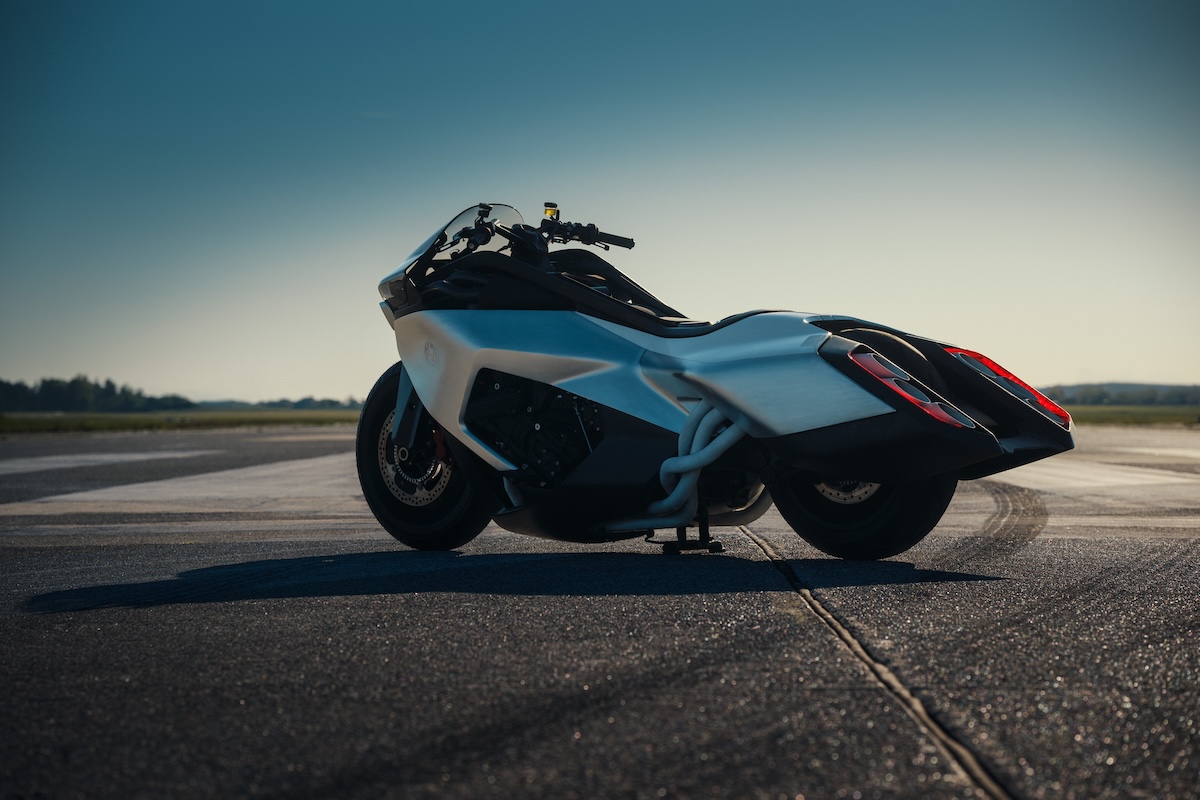 BMW Motorrad Vision K18 side panel close-up showing seamless two-meter aluminum bodywork