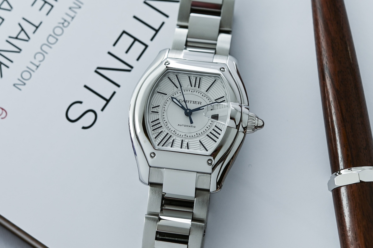 Cartier Roadster steel with white dial head-on view