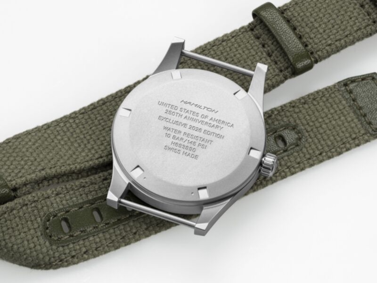 Hamilton Khaki Field Mechanical 36mm caseback engraved with United States of America 250th Anniversary Exclusive 2026 Edition