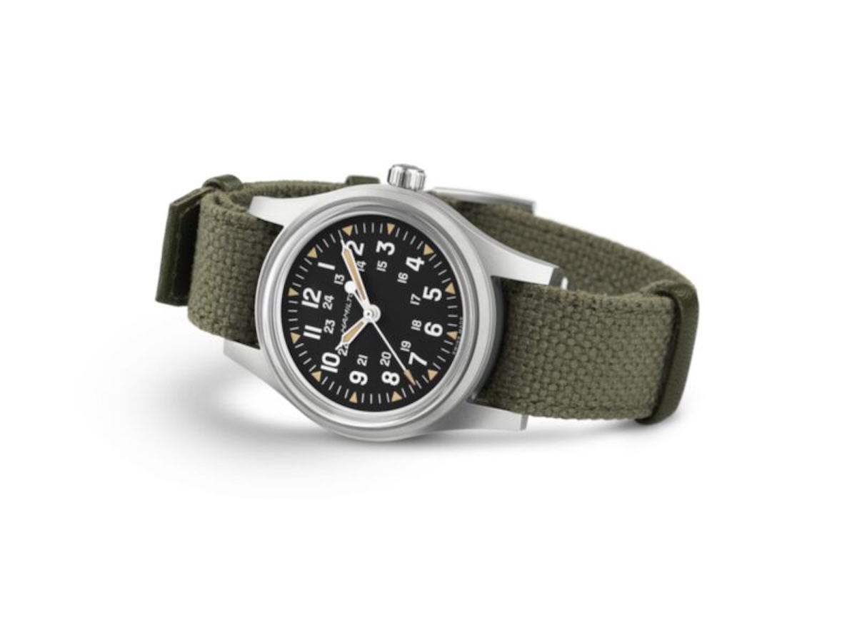 Hamilton Khaki Field Mechanical 36mm dial detail showing Super-LumiNova Grade X2 markers and 24-hour inner track