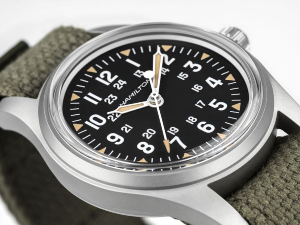 Hamilton Khaki Field Mechanical 36mm three-quarter view showing the matte case and olive green NATO strap
