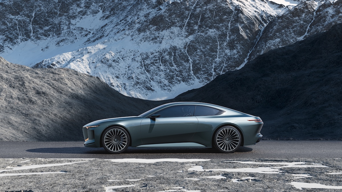 Vision BMW ALPINA side profile showing speed feature line and 20-spoke wheels against Alpine mountain backdrop