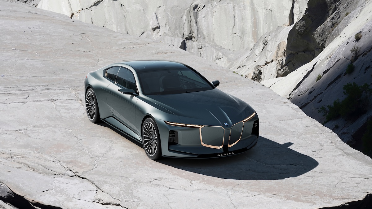 Vision BMW ALPINA front three-quarter elevated view showing shark nose kidney grille with copper accent and ALPINA lettering on lower apron
