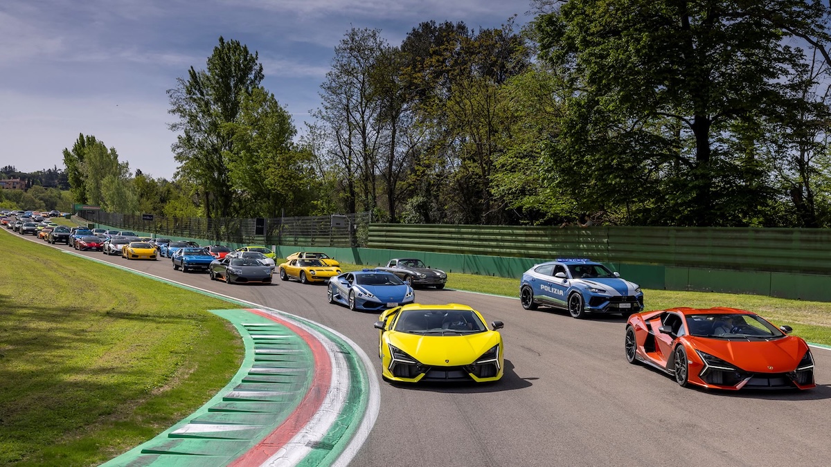 Lamborghini parade on the Imola circuit during Lamborghini Arena 2026 weekend including Revuelto and Temerario