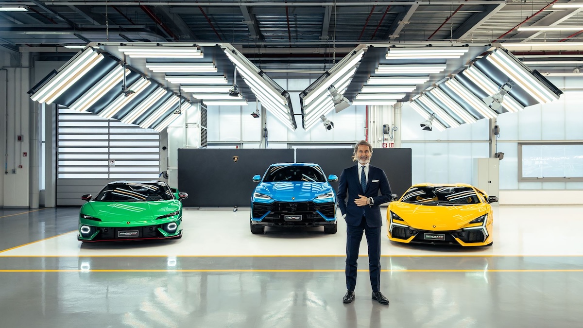 Stephan Winkelmann CEO of Automobili Lamborghini with the Temerario, Urus SE, and Revuelto at Sant Agata
