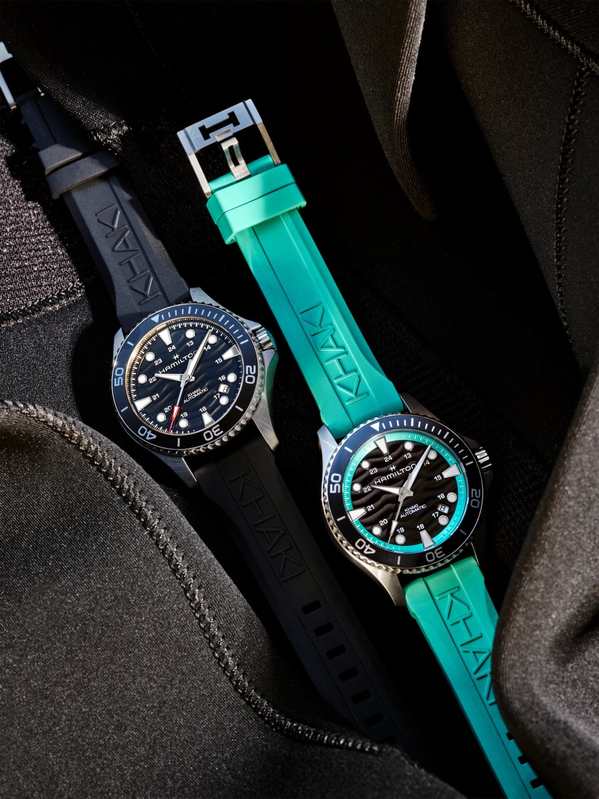 Hamilton Khaki Navy Scuba Auto 40mm with black and turquoise rubber strap options, both showing wave-textured dials