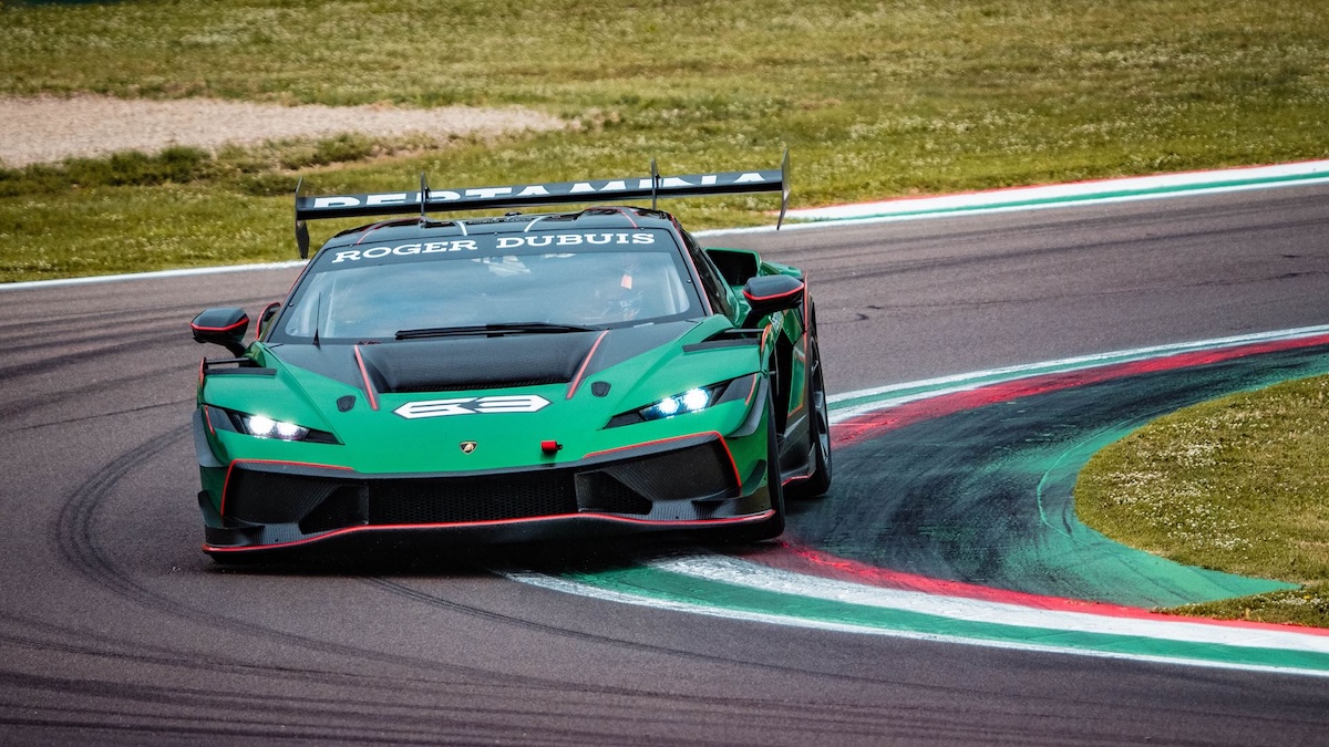 Lamborghini Temerario Super Trofeo cornering through Imola with Italian flag kerbing