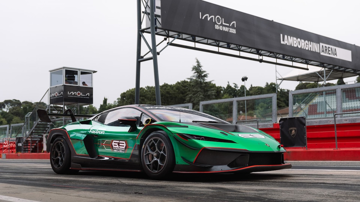 Lamborghini Temerario Super Trofeo in the pit lane below the Lamborghini Arena 2026 gantry at Imola