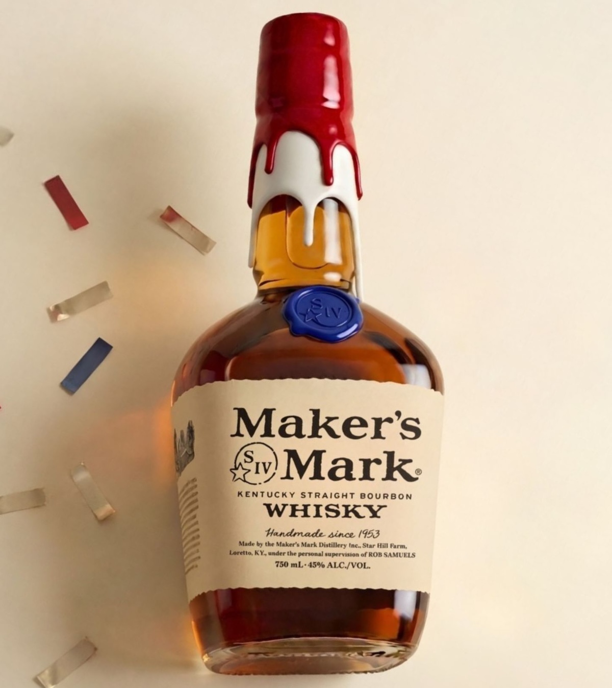 Detail of Maker's Mark 250th Anniversary bottle showing the red wax overlaid in white wax and blue seal stamped under the dip