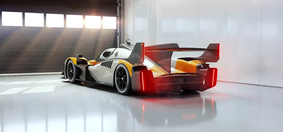 McLaren MCL-HY rear three-quarter view showing large rear wing and endurance racing bodywork
