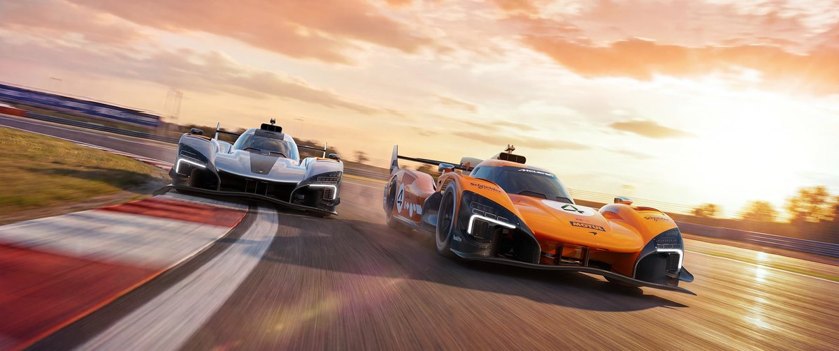 McLaren MCL-HY and MCL-HY GTR racing on track at sunset showing LMDh race car and track-only derivative
